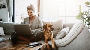 A woman sits on her sofa typing on her laptop. Her dog sits next to her.