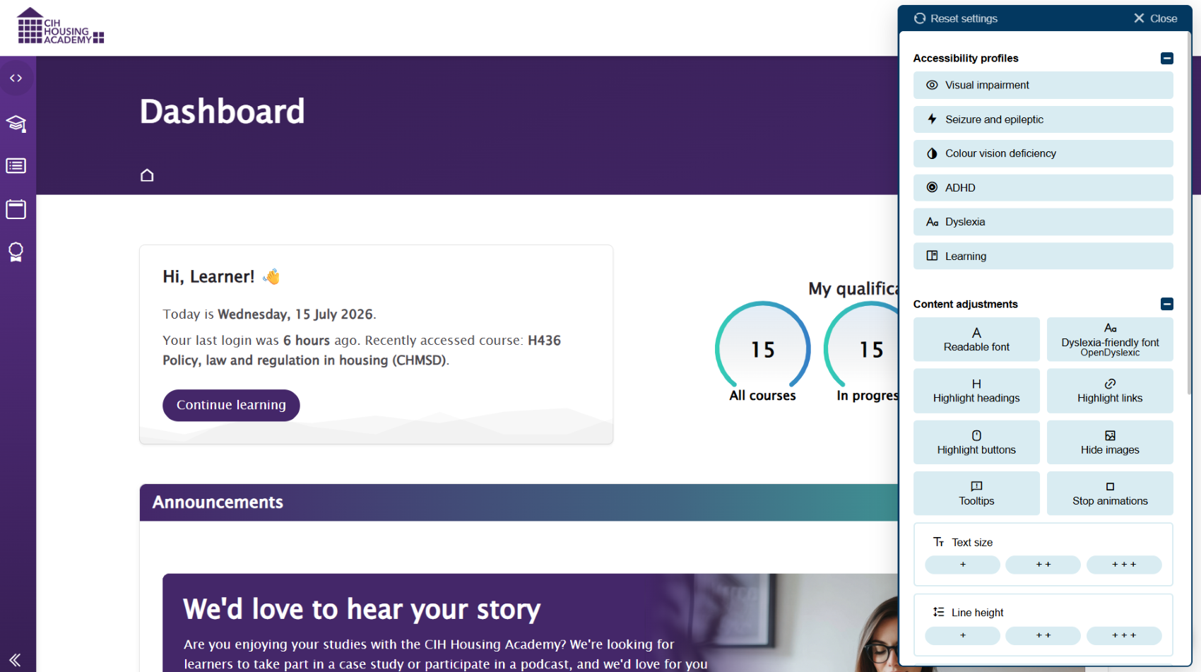 A screenshot of the My Housing Academy platform that shows the accessibility menu